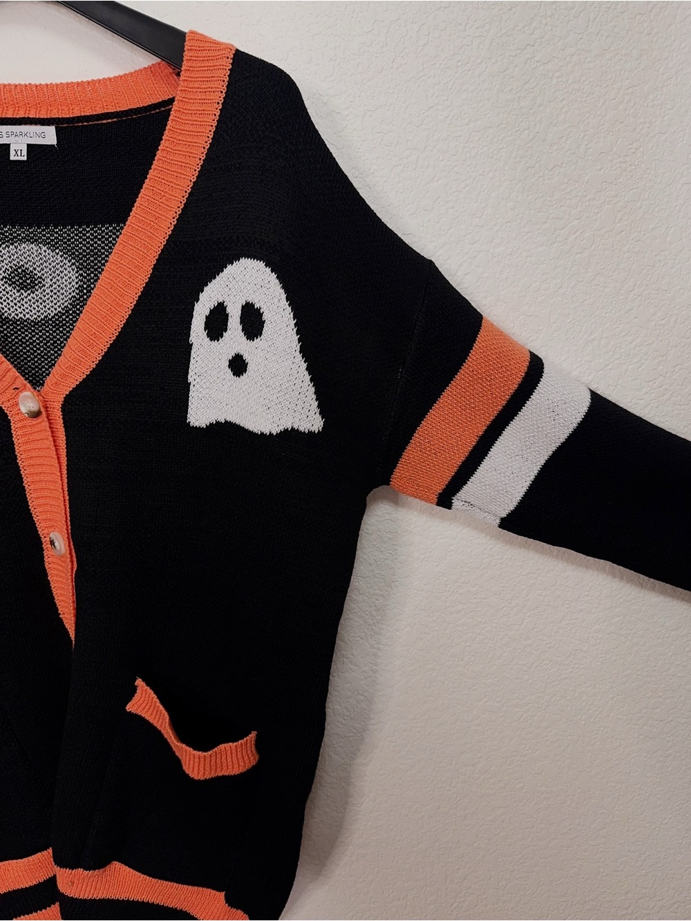 Miss Sparkling Halloween Ghost Boo Black Orange Oversized Button Cardigan Sweate - Picture 5 of 7